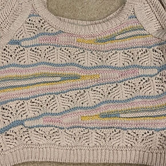NWOT Zara Multi Color Pointelle Knit Ruffle Sleeve Cream and Pastel Crop Top - Picture 3 of 5